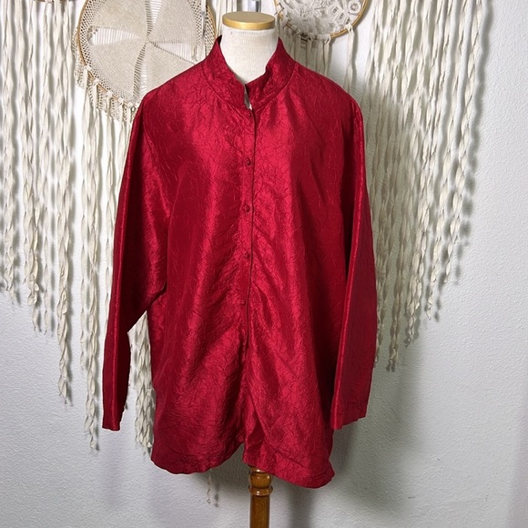 Eileen Fisher Woman Red Crinkle Silk Mandarin Collar Button Down Shirt Jacket 3X - Picture 1 of 12